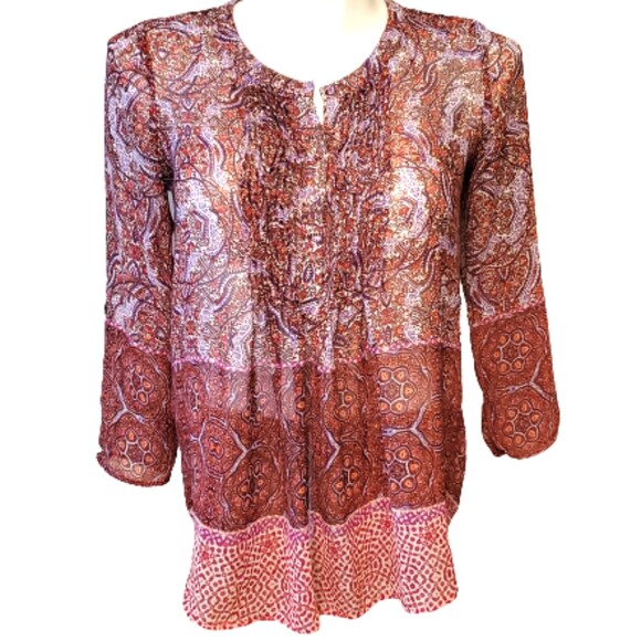 Daniel Rainn Top Mandala Print Pleats Roll Tab Sleeves Red Purple Size Small - Picture 1 of 12